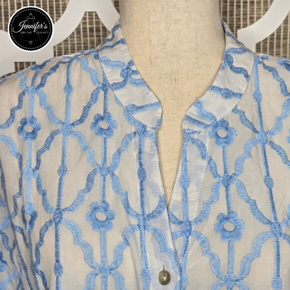 Ruby Rd. Blue & White Embroidered Trellis Pattern Button Front Blouse Size XL - Picture 5 of 14